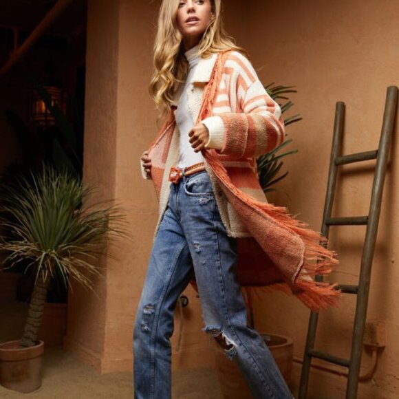 DAVI & DANI Boho Southwestern Fringe Cardigan | Rust Orange & beige Aztec Cardig - Picture 2 of 10